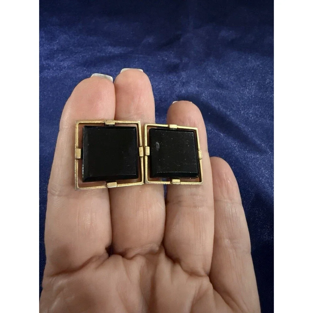 Black Square Formal Vintage Cuff Links Tuxedo Wedding Groom Goldtone